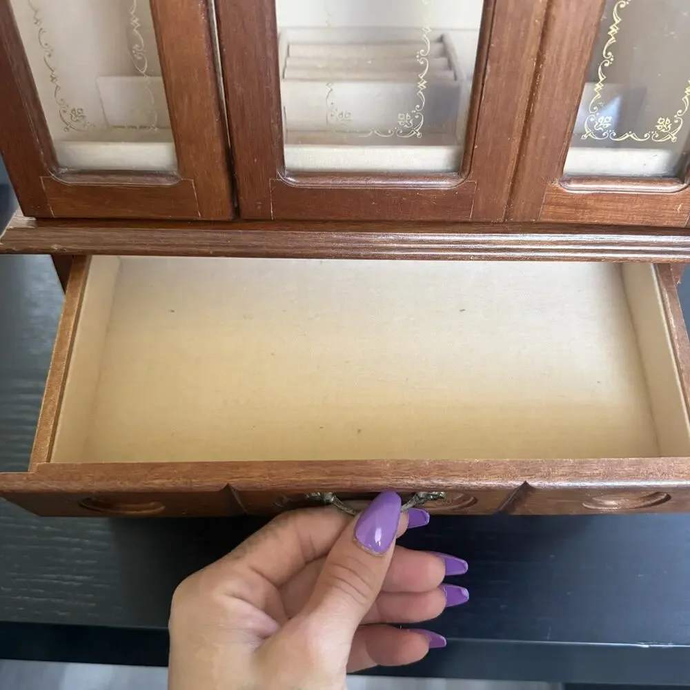 Vintage Wooden Jewelry Armoire Box Cabinet Chest Organizer Drawers Glass Doors